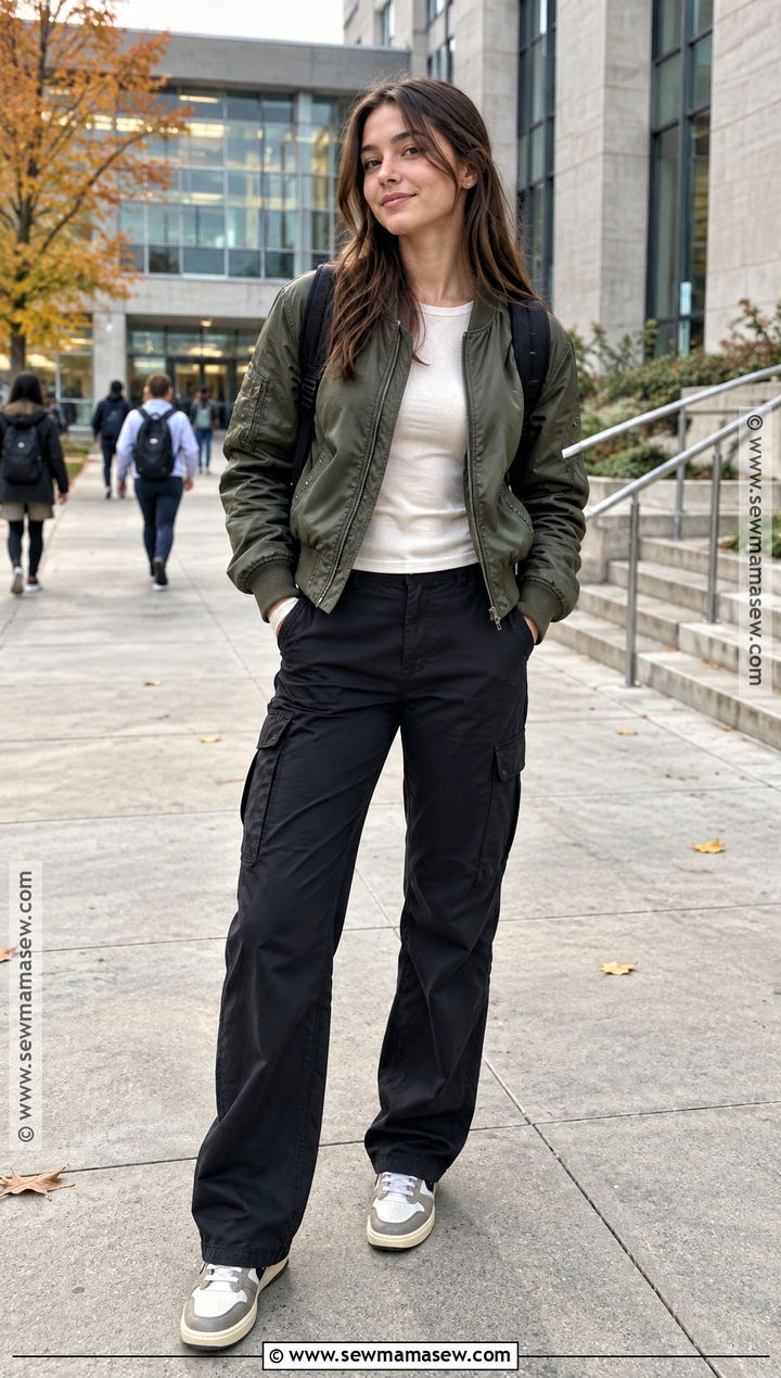Bomber Jacket And Cargo Pants School Outfit - 25 fall fits for school
