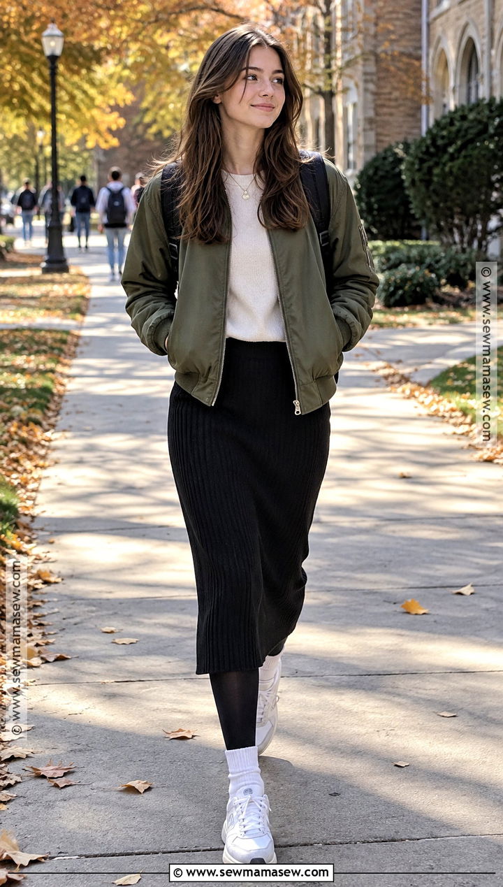Bomber Jacket And Column Skirt Fall School Outfit - 20 fall school outfits highschool