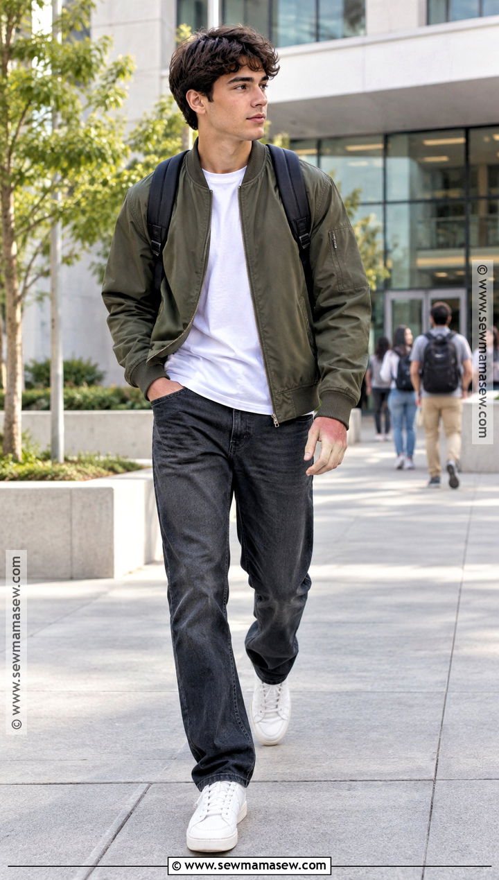 Bomber Jacket And Dark Jeans Back To School Outfit - 25 back to school outfits for men