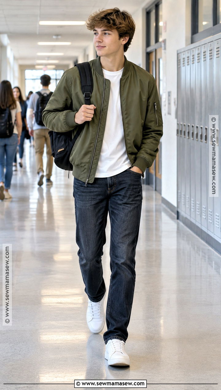 Bomber Jacket And Dark Jeans School Outfit - 20 back to school boy outfits