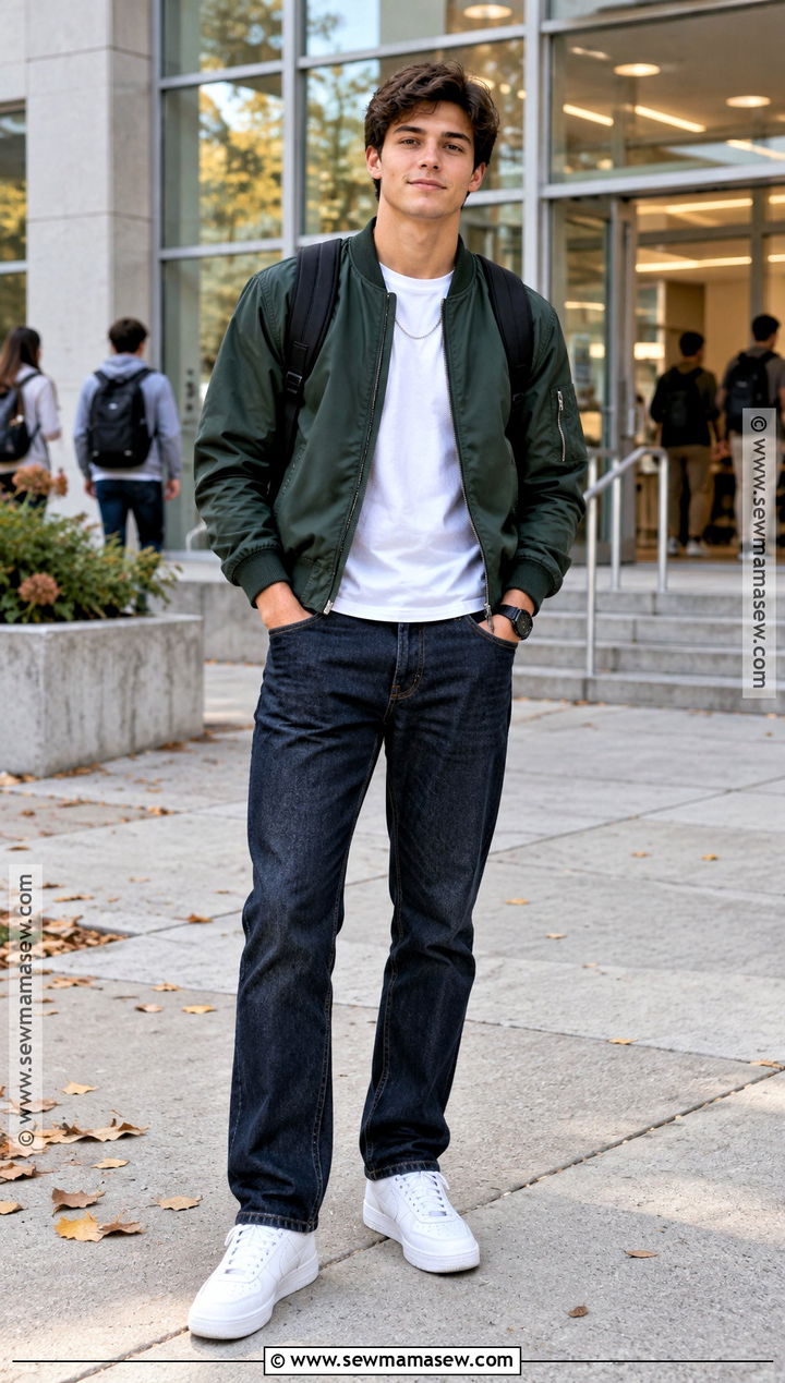 Bomber Jacket And Dark Wash Jeans Outfit - 15 guys back to school outfits