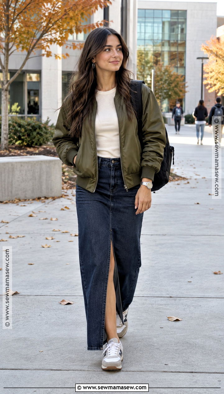 Bomber Jacket And Denim Maxi Skirt School Outfit - 15 School Outfits Fall Aesthetic