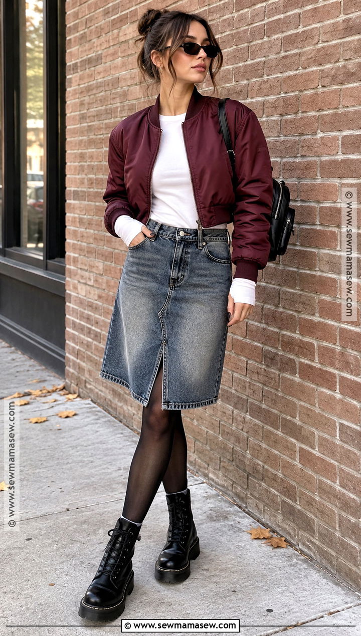 Bomber Jacket And Denim Skirt Y2K Autumn Outfit - 25 y2k autumn outfits