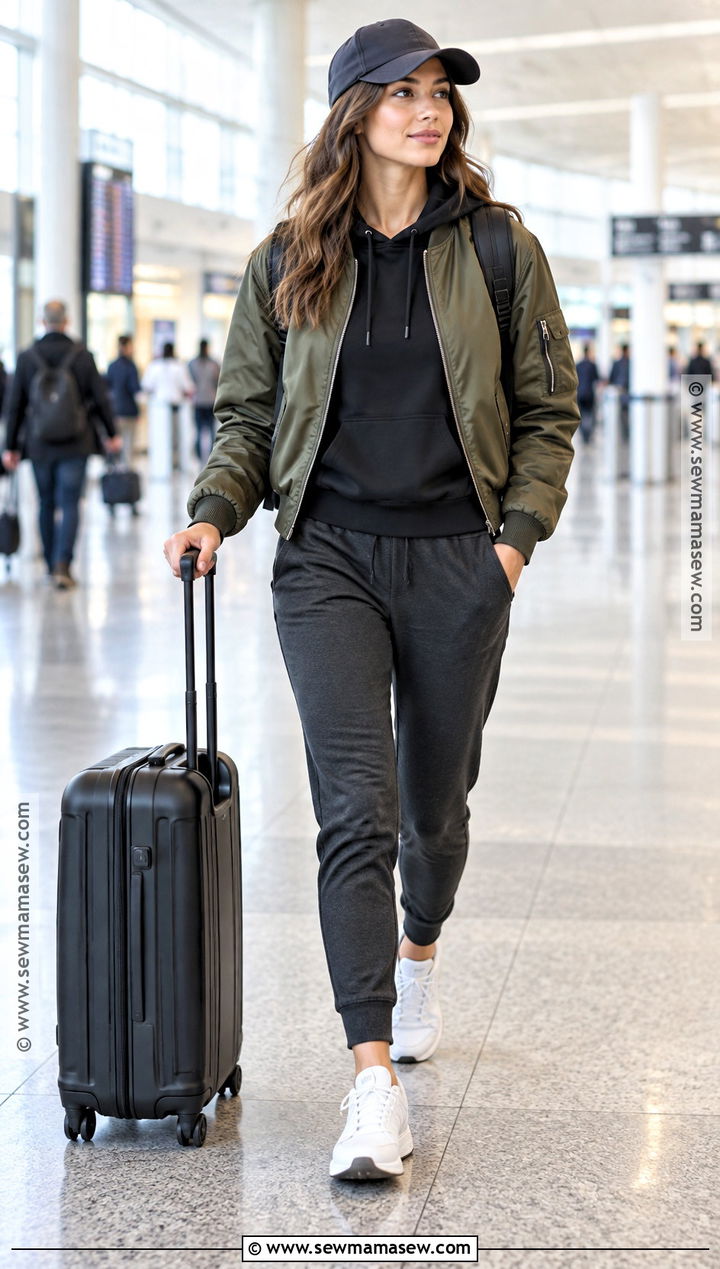 Bomber Jacket And Joggers Airport Outfit - 15 Autumn Travel Outfit Airport Style Ideas