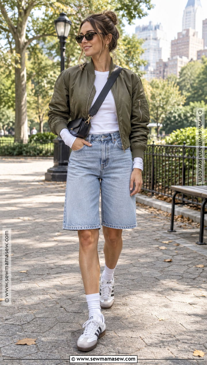 Bomber Jacket And Light Wash Jorts Outfit - 20 Jorts Outfit Fall Ideas