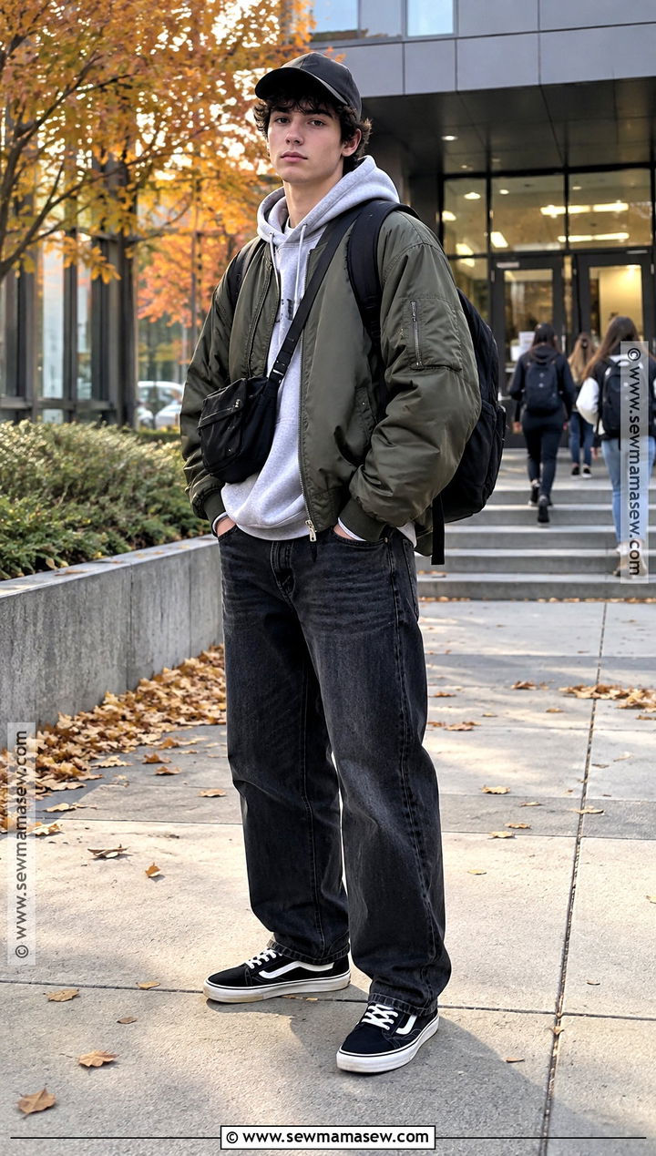 Bomber Jacket And Loose Jeans School Outfit - 20 comfy school outfits fall