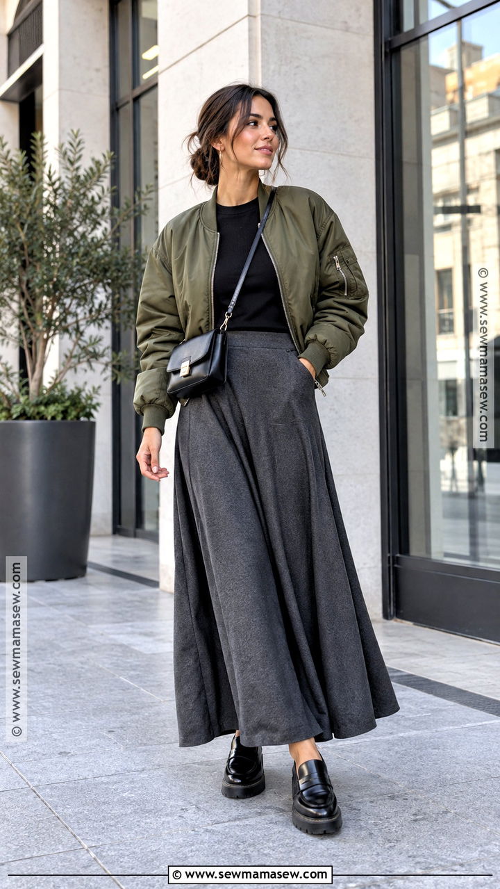 Bomber Jacket And Maxi Skirt Autumn Outfit - 20 layered autumn outfits