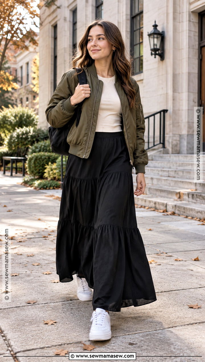 Bomber Jacket And Maxi Skirt Autumn School Outfit - 25 outfit ideas for school autumn