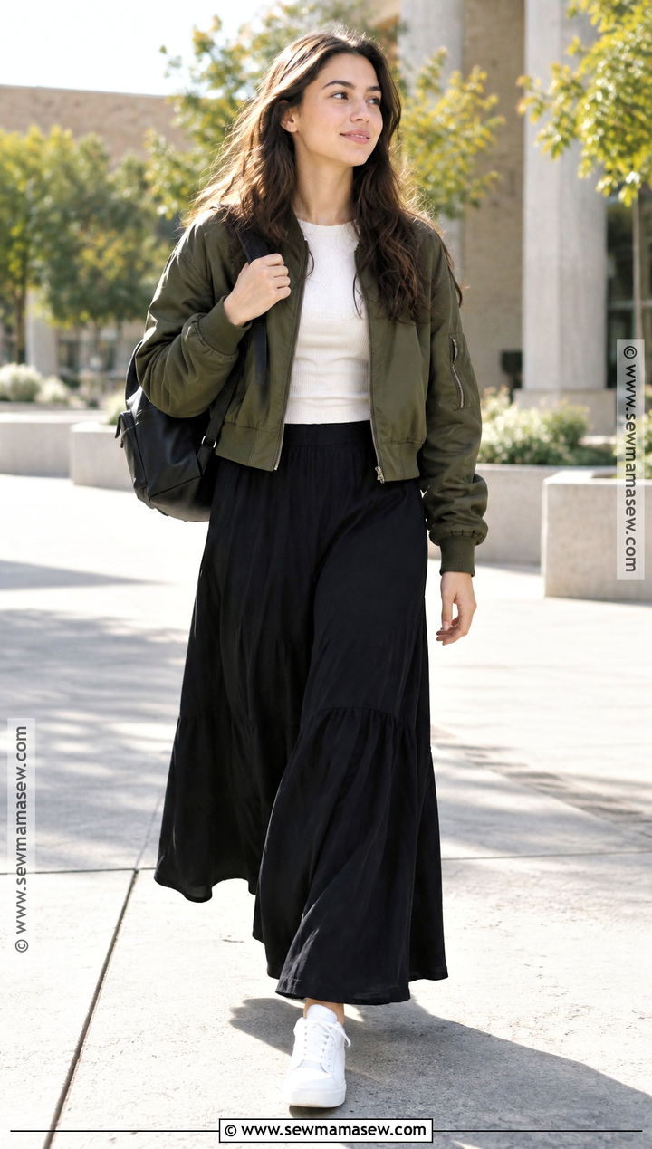 Bomber Jacket And Maxi Skirt Outfit - 20 Classy Back To School Outfits