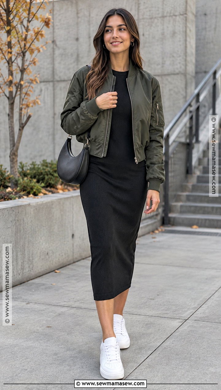 Bomber Jacket And Midi Dress Fall Outfit - 20 Stylish Outfits For Fall