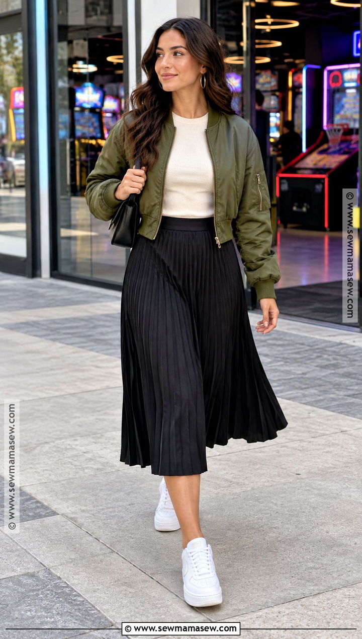 Bomber Jacket And Midi Skirt Fall Date Night Outfit - 25 fall date night outfit casual ideas