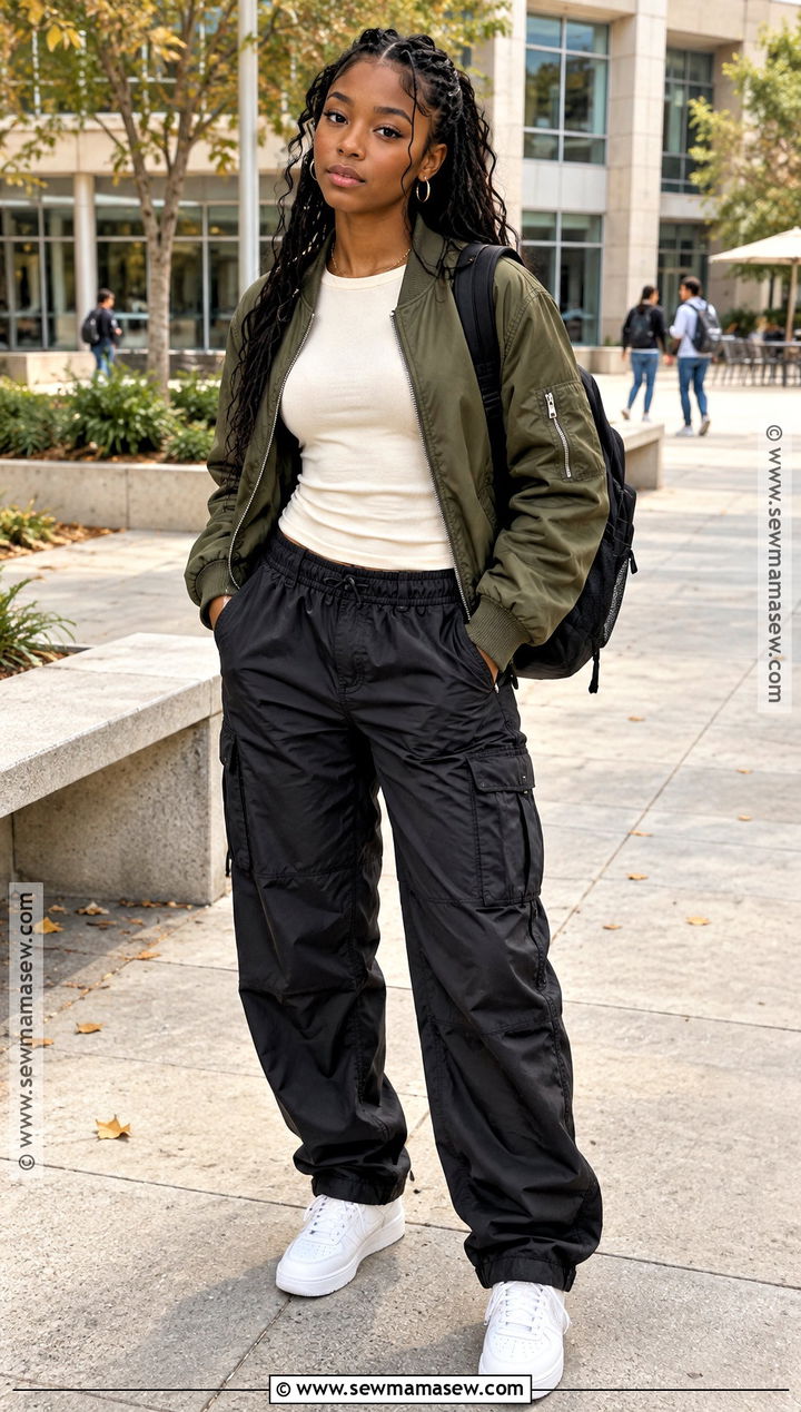 Bomber Jacket And Parachute Pants Fall School Outfit - 15 fall school outfits for black women