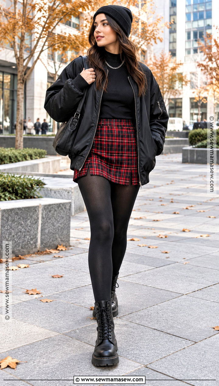 Bomber Jacket And Plaid Mini Skirt Fall Outfit - 25 alternative fall outfits