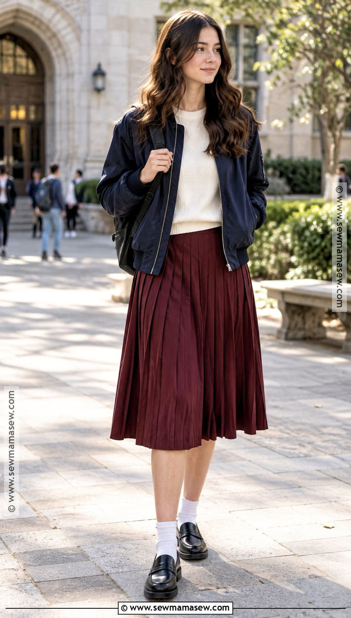 Bomber Jacket And Pleated Midi Skirt Outfit - 20 back to school outfits dress code