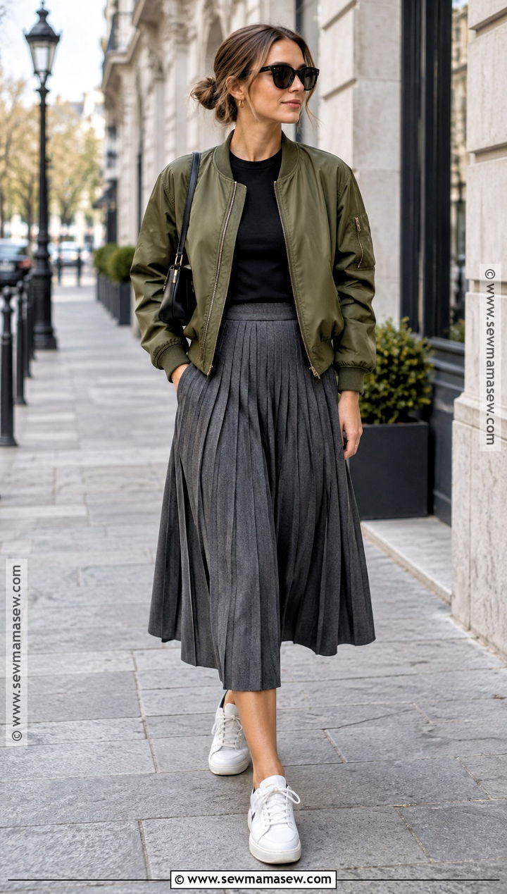 Bomber Jacket And Pleated Skirt Euro Fall Outfit - 25 euro fall outfits