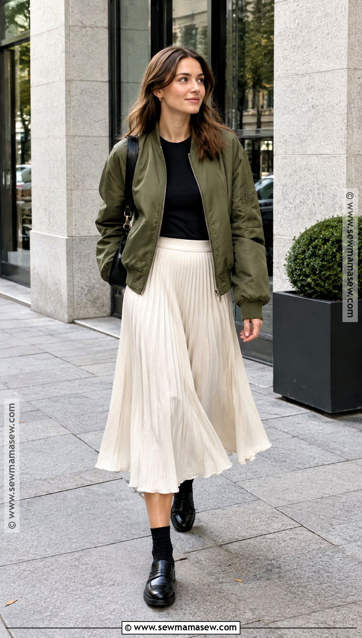Bomber Jacket And Pleated Skirt Fall Outfit - 15 Fall Outfit Instagram Pictures Ideas
