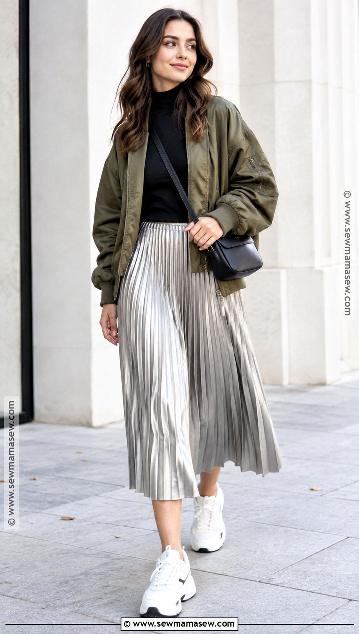 Bomber Jacket And Pleated Skirt Fall Outfit - 15 Cute Fall Fits 2026