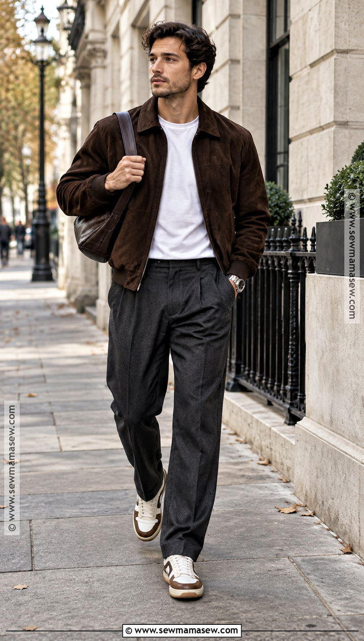 Bomber Jacket And Pleated Trousers Fall Outfit - 20 fall outfit inspo ideas for men
