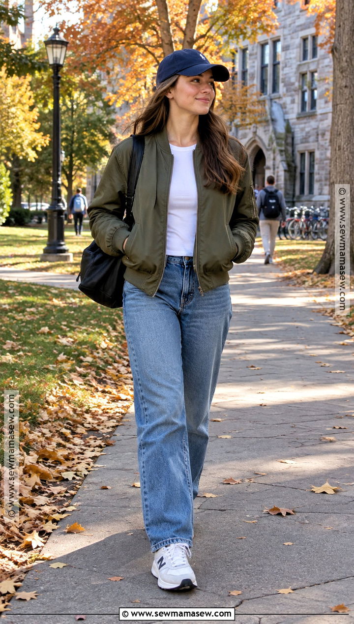 Bomber Jacket And Relaxed Jeans For College - 15 college class outfits fall