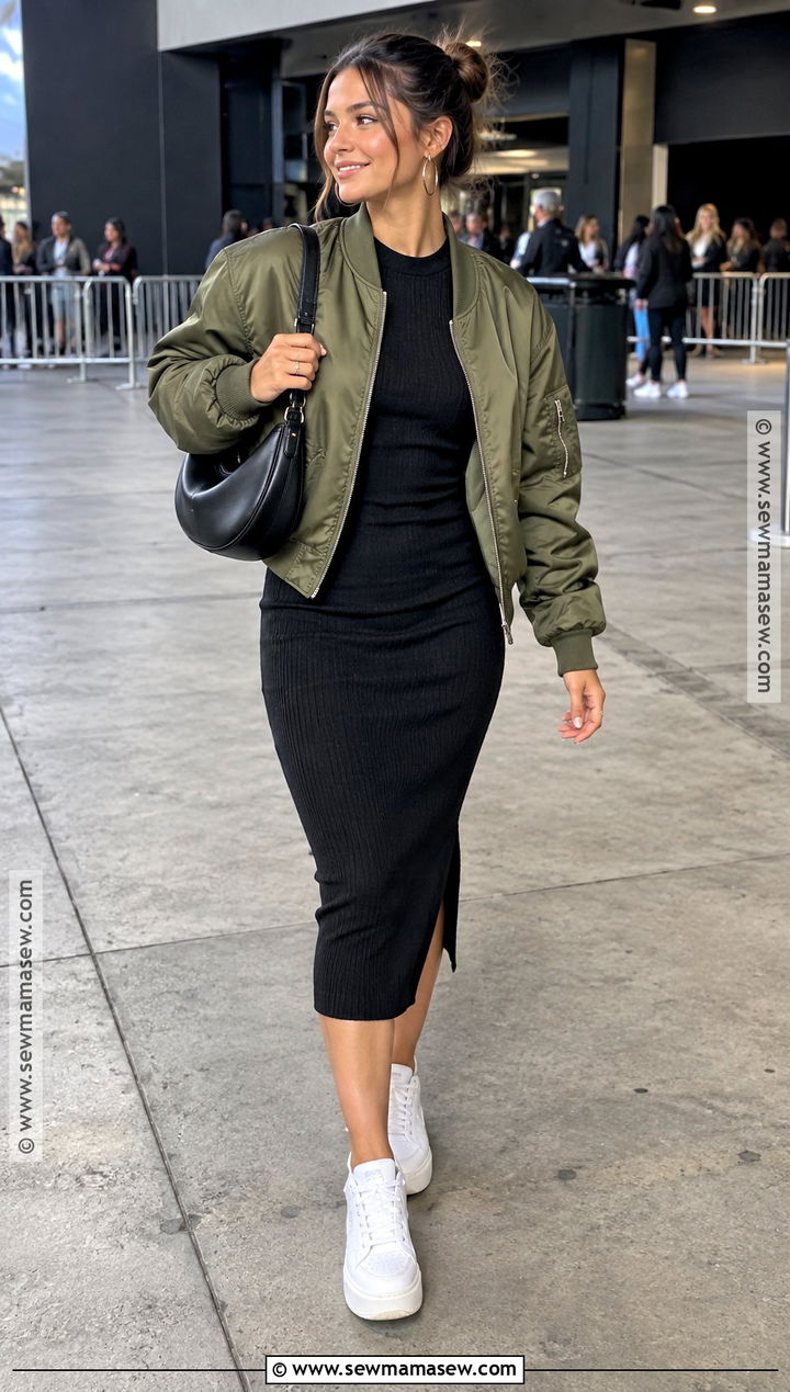 Bomber Jacket And Ribbed Midi Dress Fall Date Night Outfit - 15 datenight fall outfits casual