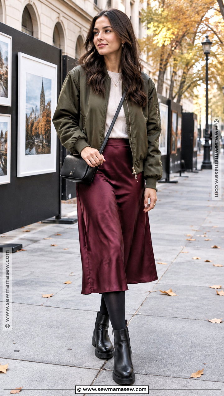 Bomber Jacket And Satin Midi Skirt Autumn Outdoor Outfit - 20 autumn outdoor outfits