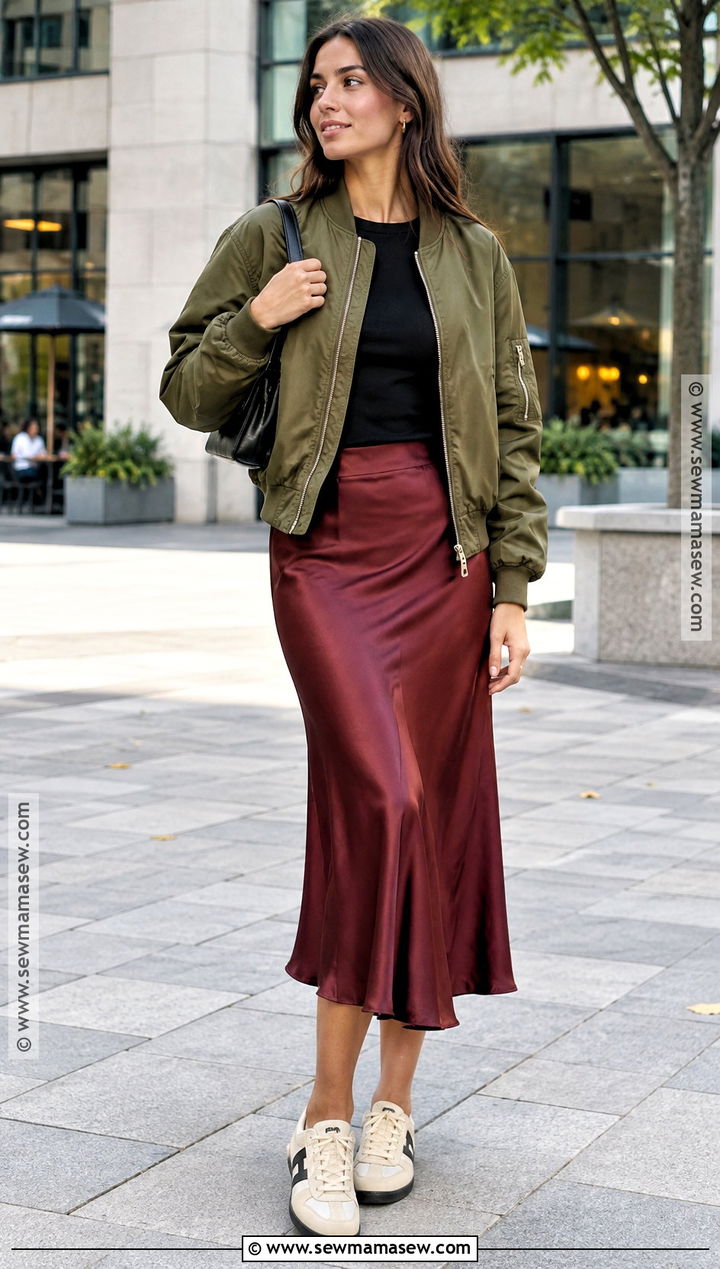 Bomber Jacket And Satin Skirt Fall Outfit - 15 2026 women fall fashion ideas