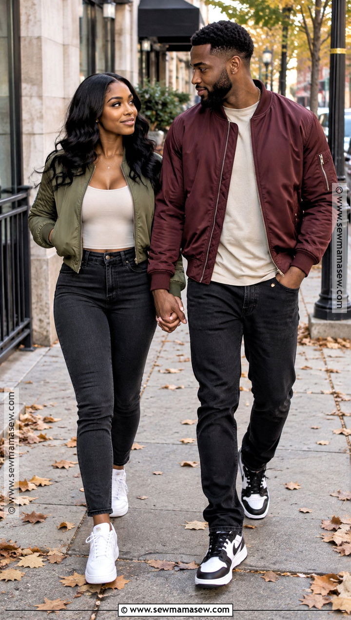 Bomber Jacket And Sneakers Fall Couples Outfit - 15 black couples fall photoshoot outfits