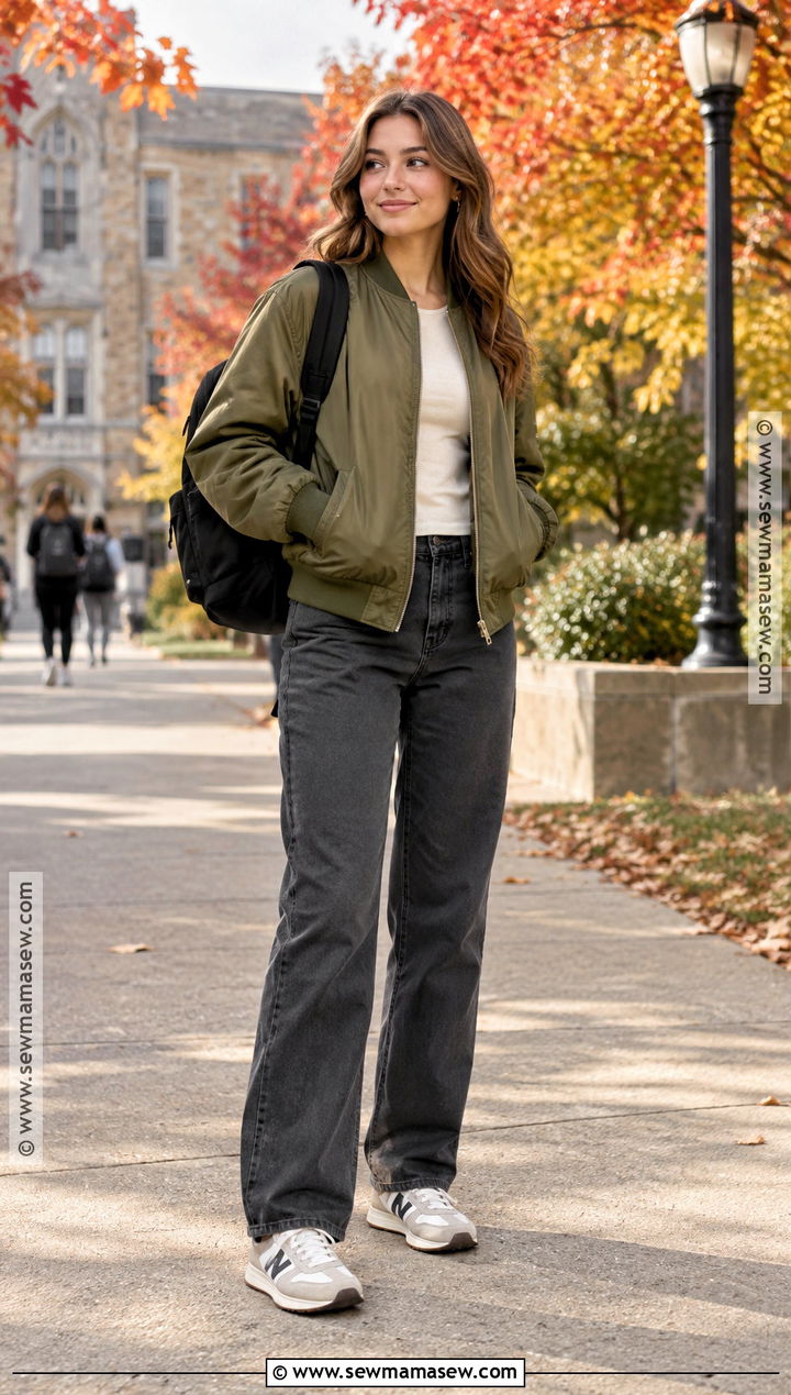 Bomber Jacket And Straight Leg Pants School Outfit - 20 School Outfit Inspo Fall Ideas