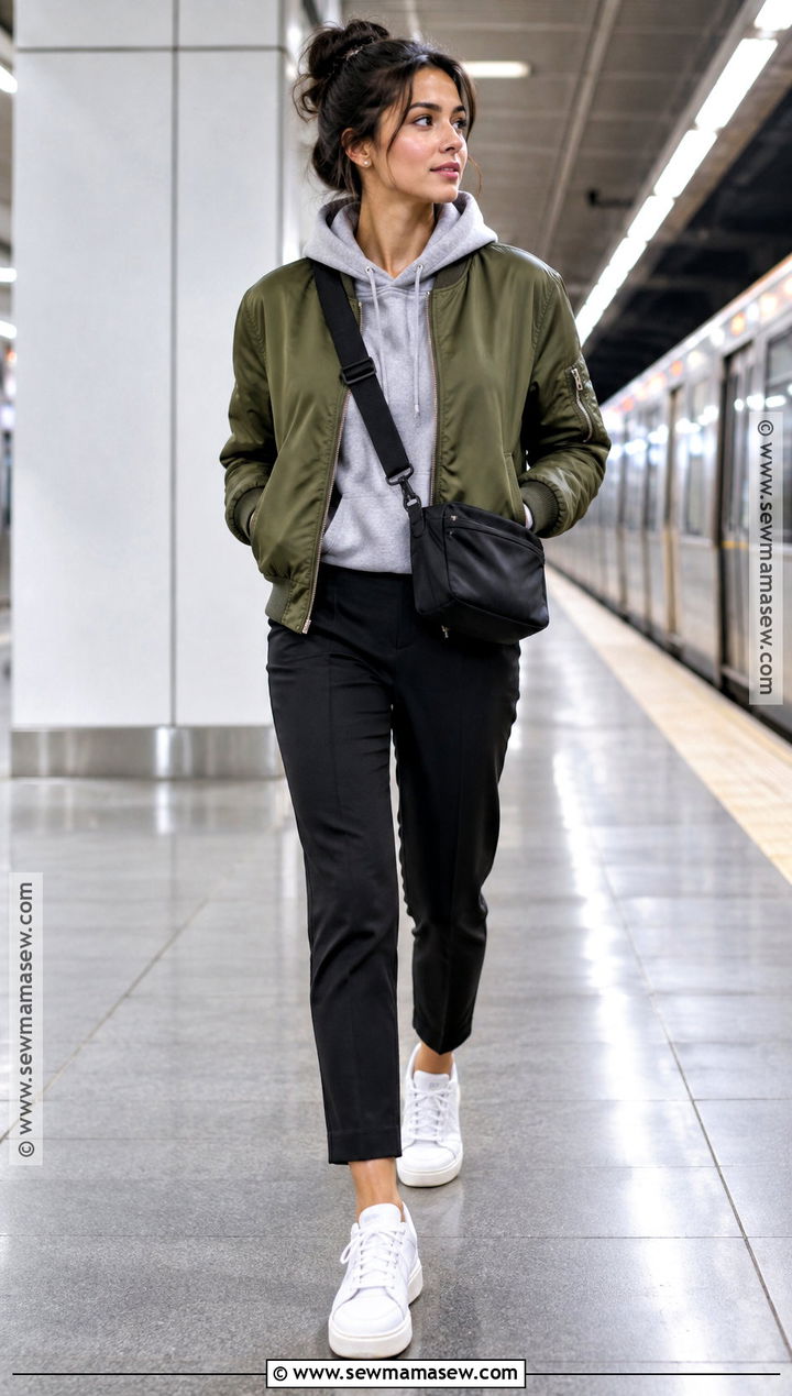 Bomber Jacket And Tailored Pants City Fall Outfit - 15 City Fall Aesthetic Fashion Ideas