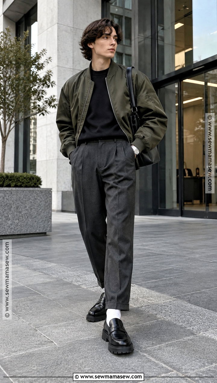 Bomber Jacket And Tailored Trousers Masc Fall Outfit - 15 cute fall outfits masc