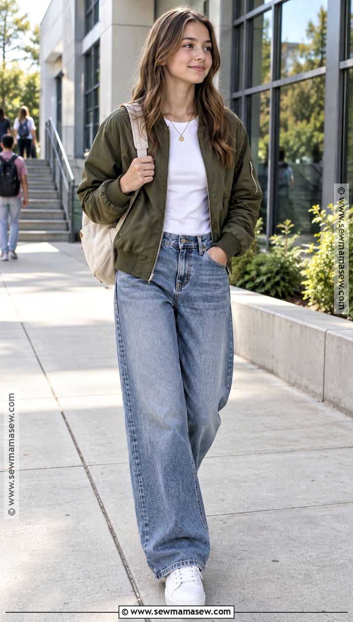 Bomber Jacket And Wide Leg Jeans School Outfit - 20 back to school outfits clean for girls