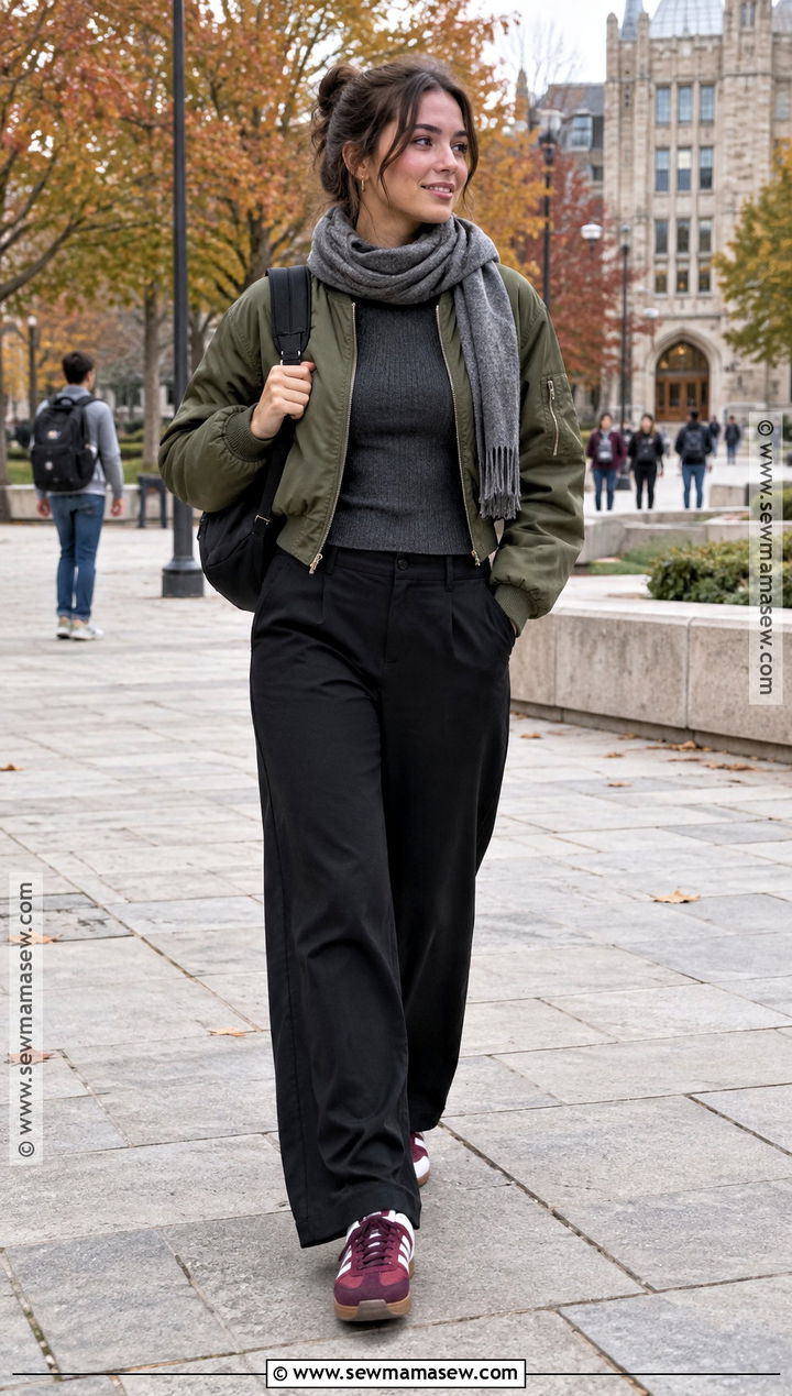 Bomber Jacket And Wide Leg Pants College Outfit - 20 Autumn Outfits For College
