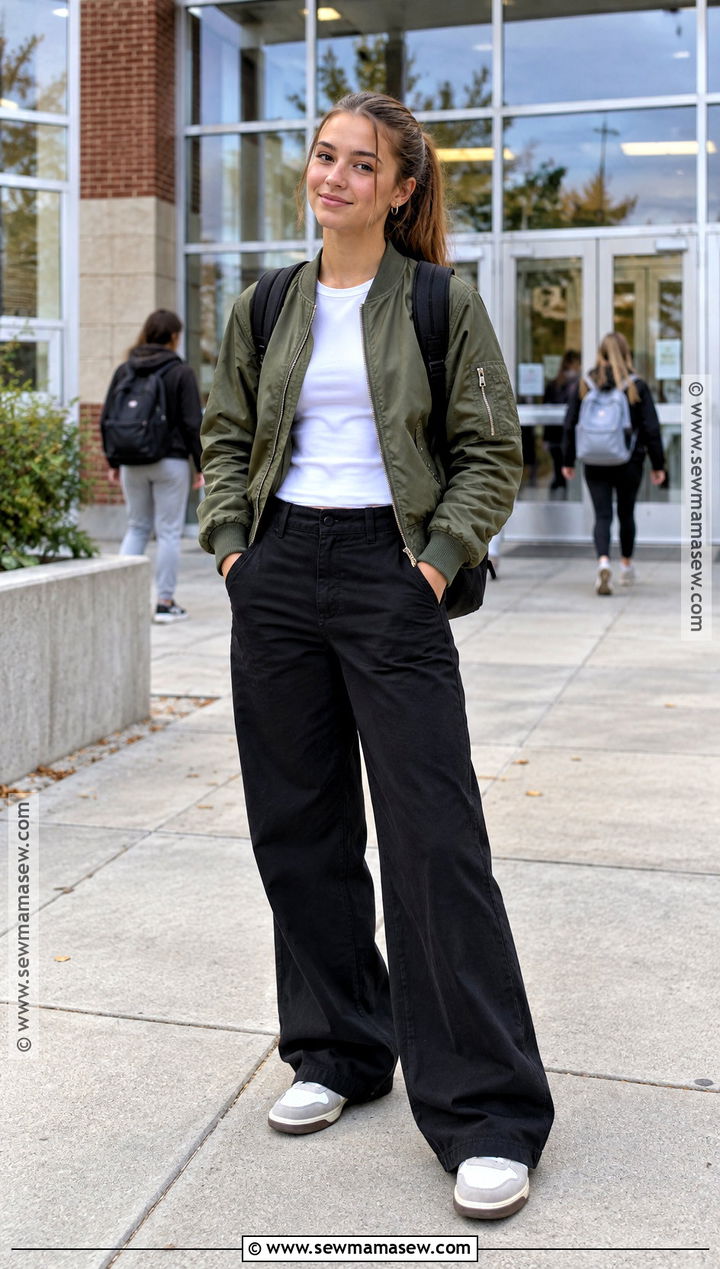 Bomber Jacket And Wide Leg Pants High School Outfit - 25 back to school outfits highschool