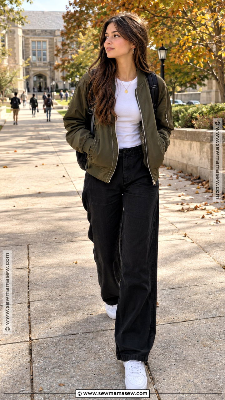 Bomber Jacket And Wide Leg Pants High School Outfit - 20 fall outfits high school