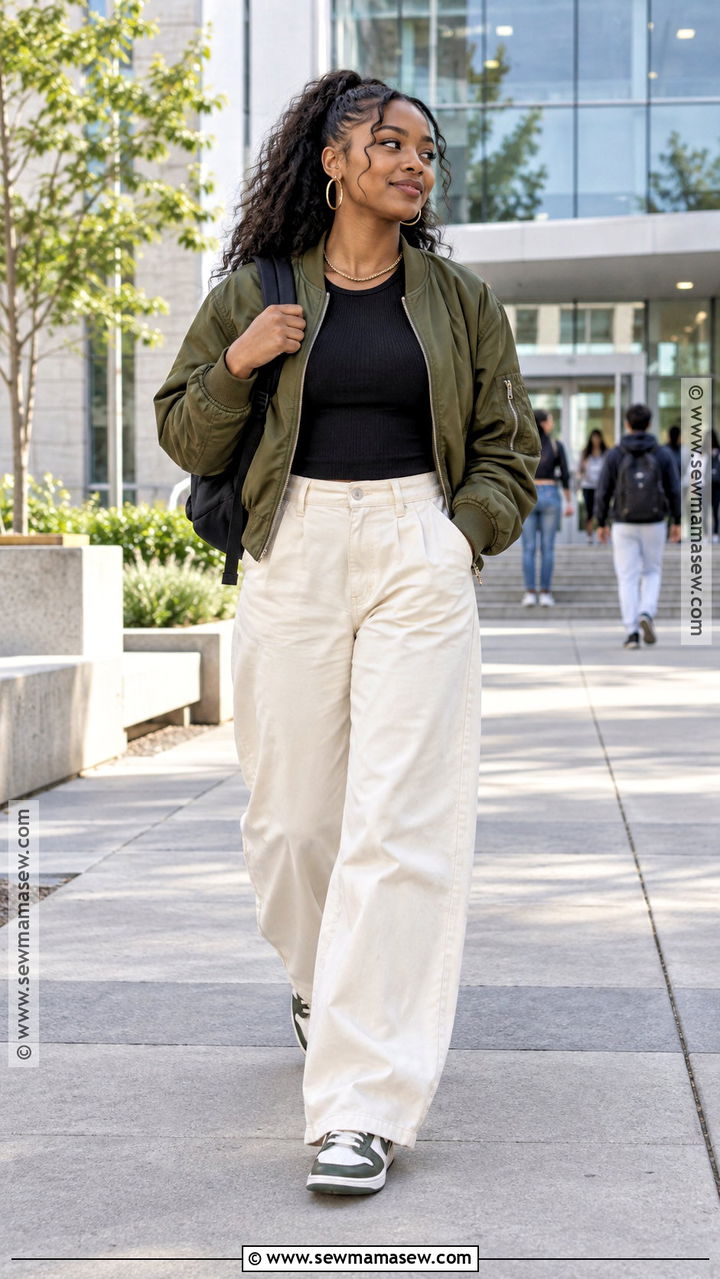 Bomber Jacket And Wide Leg Pants School Outfit - 20 fall outfits black women school