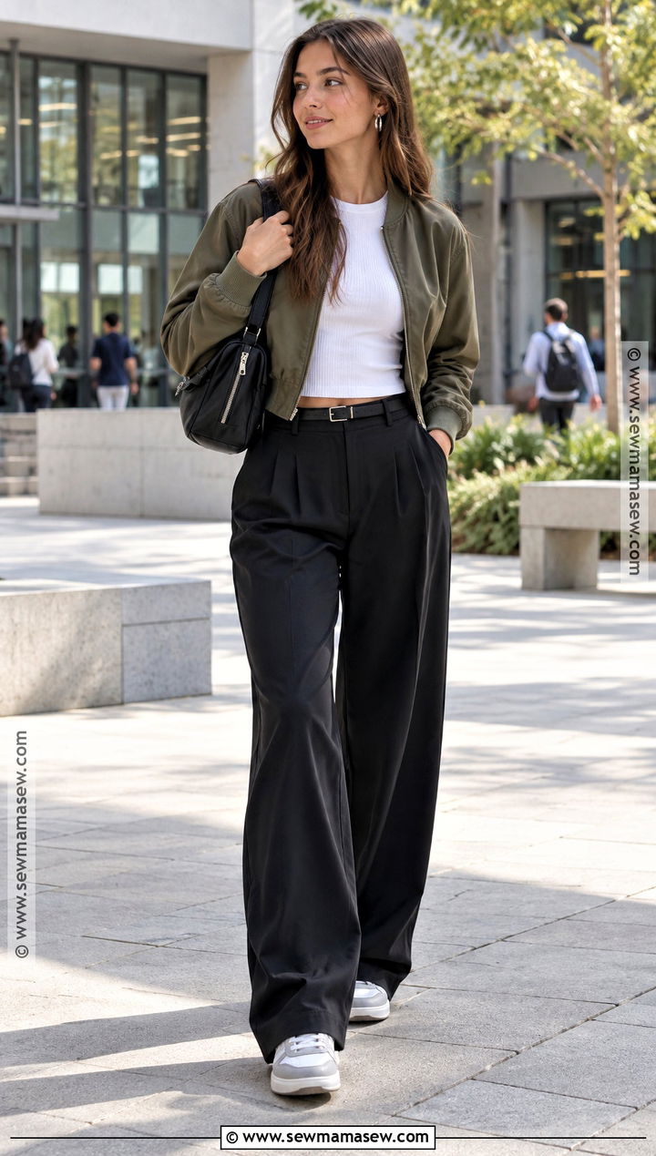 Bomber Jacket And Wide Leg Trousers College Outfit - 25 autumn college outfits