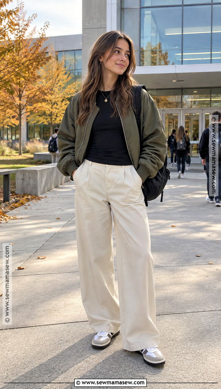 Bomber Jacket And Wide Leg Trousers School Outfit - 15 fall clothes for school