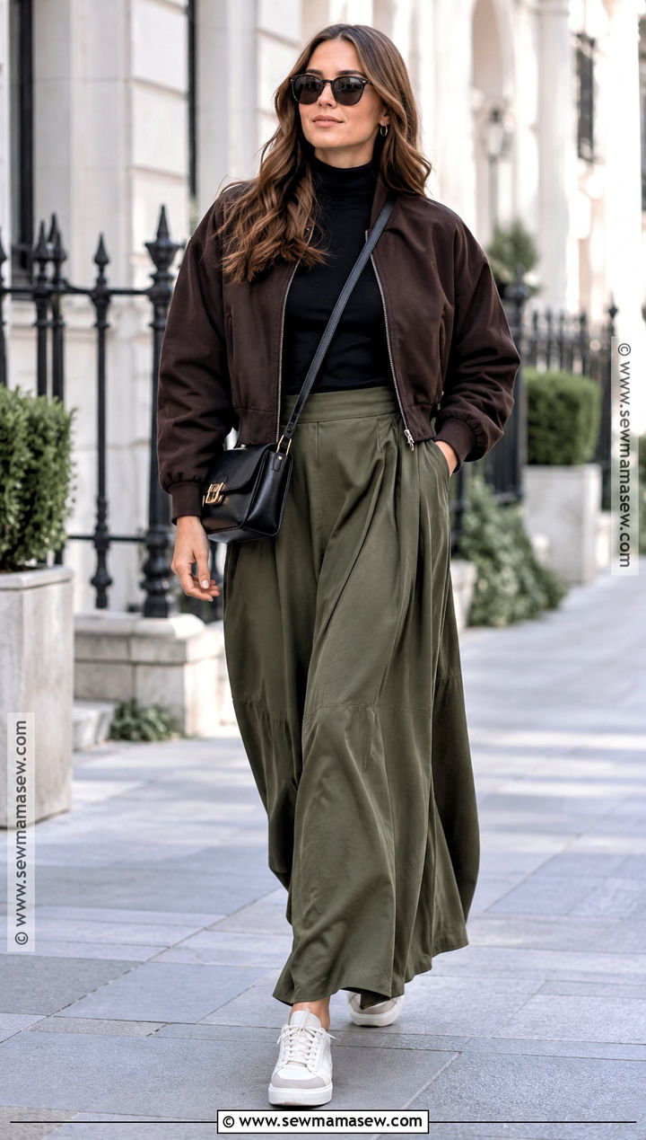 Bomber Jacket Fall Outfit With Maxi Skirt - 20 fall outfits layering