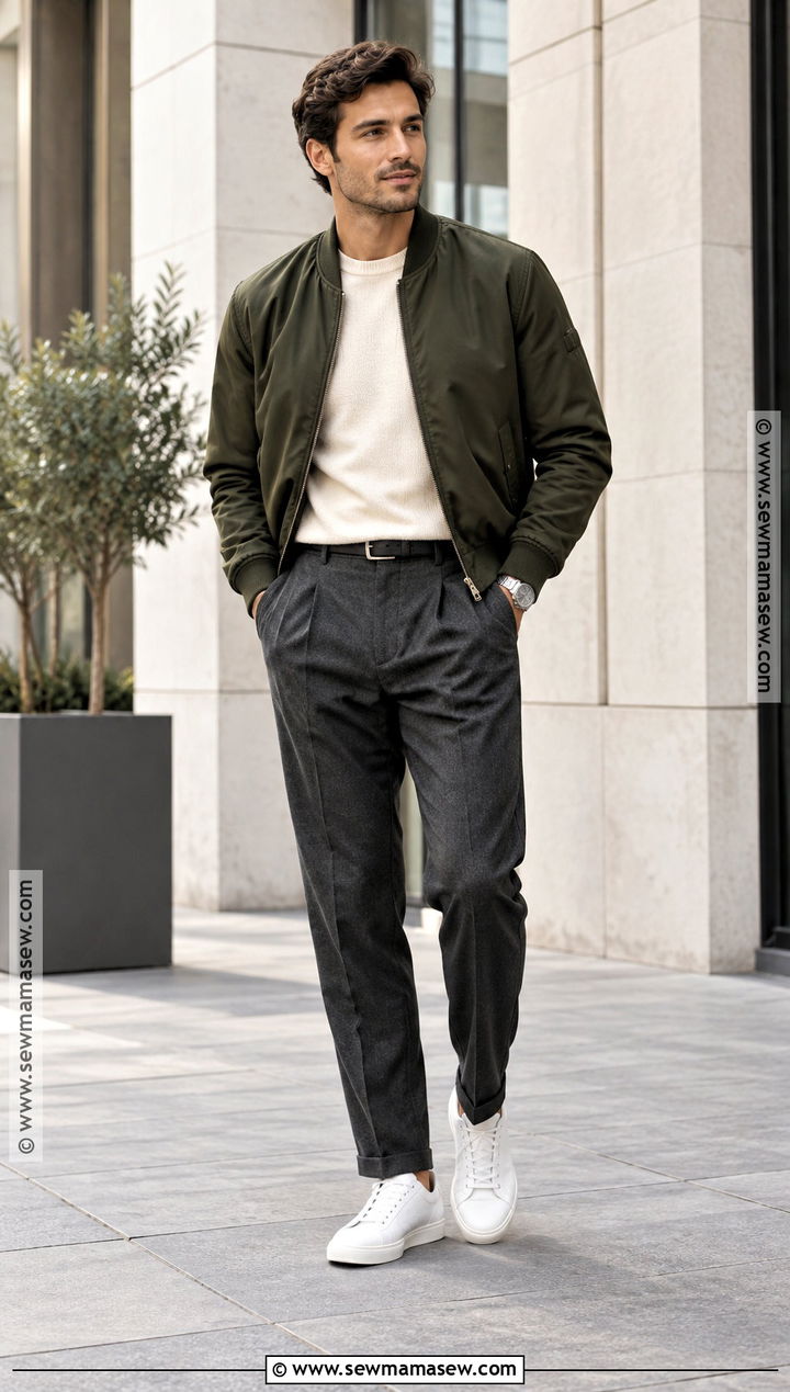 Bomber Jacket Fall Outfit With Sweater And Trousers - 15 casual mens outfits fall