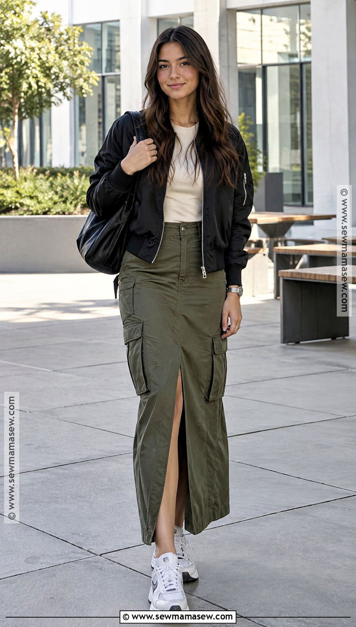 Bomber Jacket Fitted Top and Cargo Maxi Skirt Outfit - 30 back to school outfits
