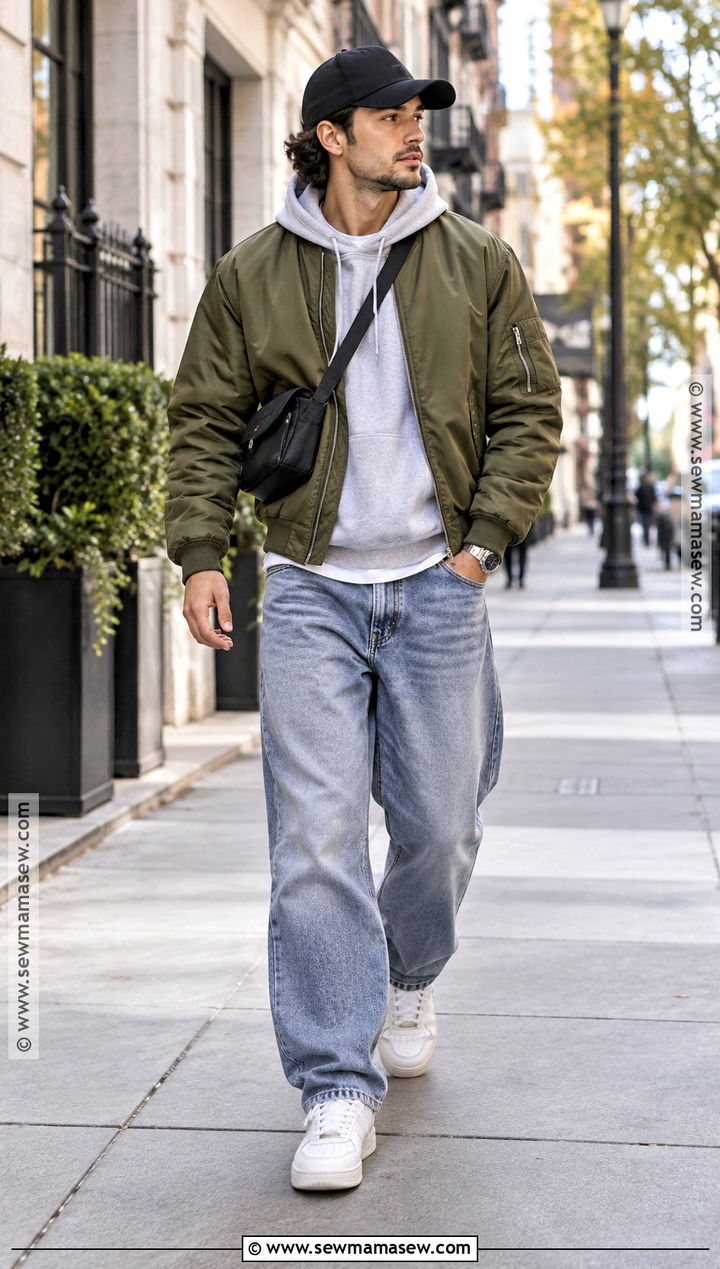 Bomber Jacket Hoodie And Baggy Jeans Outfit - 20 men fall outfits casual street style