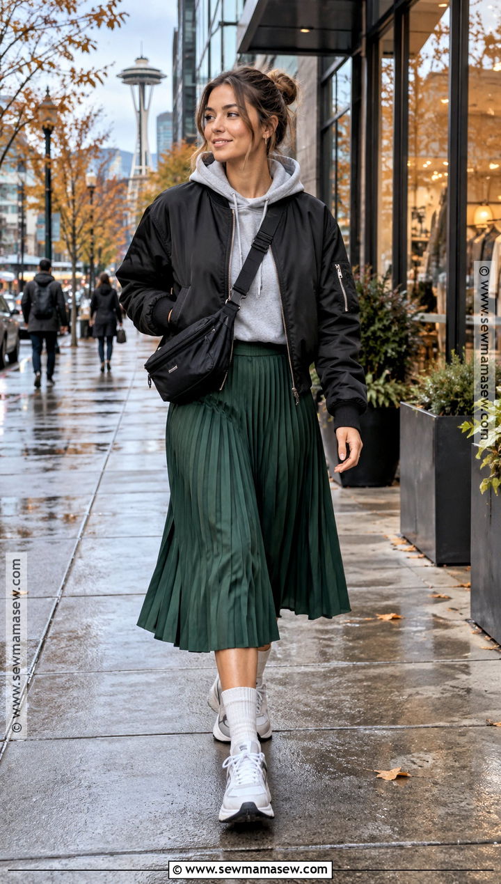 Bomber Jacket Hoodie And Pleated Skirt Seattle Fall Outfit - 20 Fall Seattle Outfits