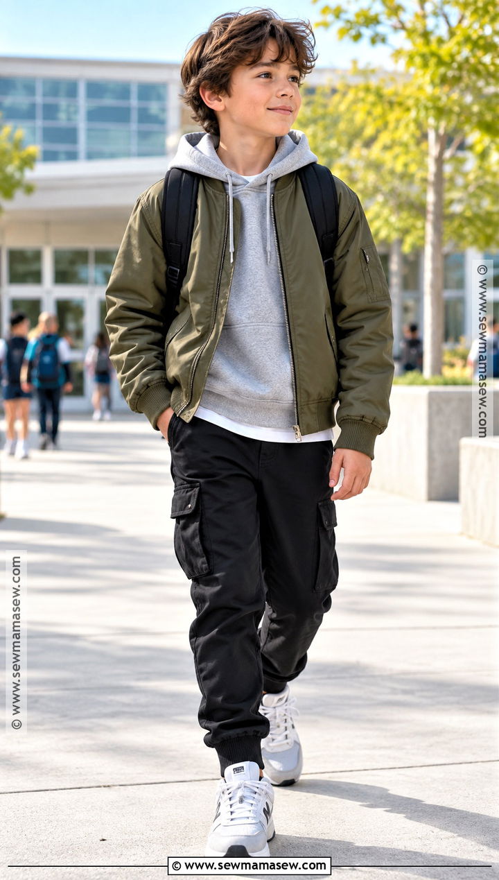 Bomber Jacket Hoodie Cargo Joggers And Sneakers Outfit - 20 back to school outfits for kids