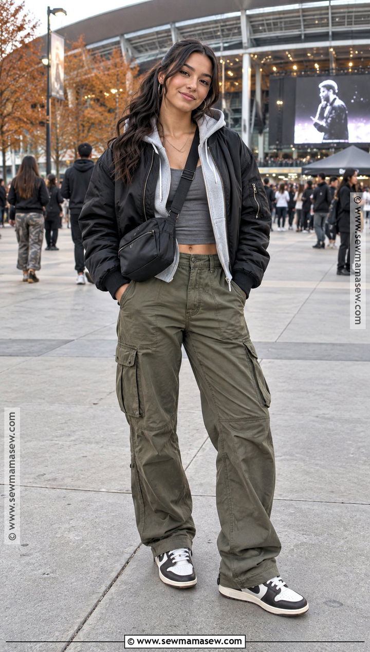Bomber Jacket Hoodie Cargo Pants Outfit - 15 fall outside concert outfit ideas