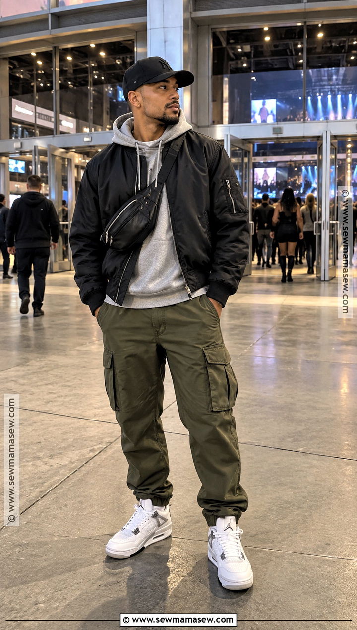 Bomber Jacket Hoodie and Cargo Pants Concert Outfit - 15 concert outfit men fall ideas