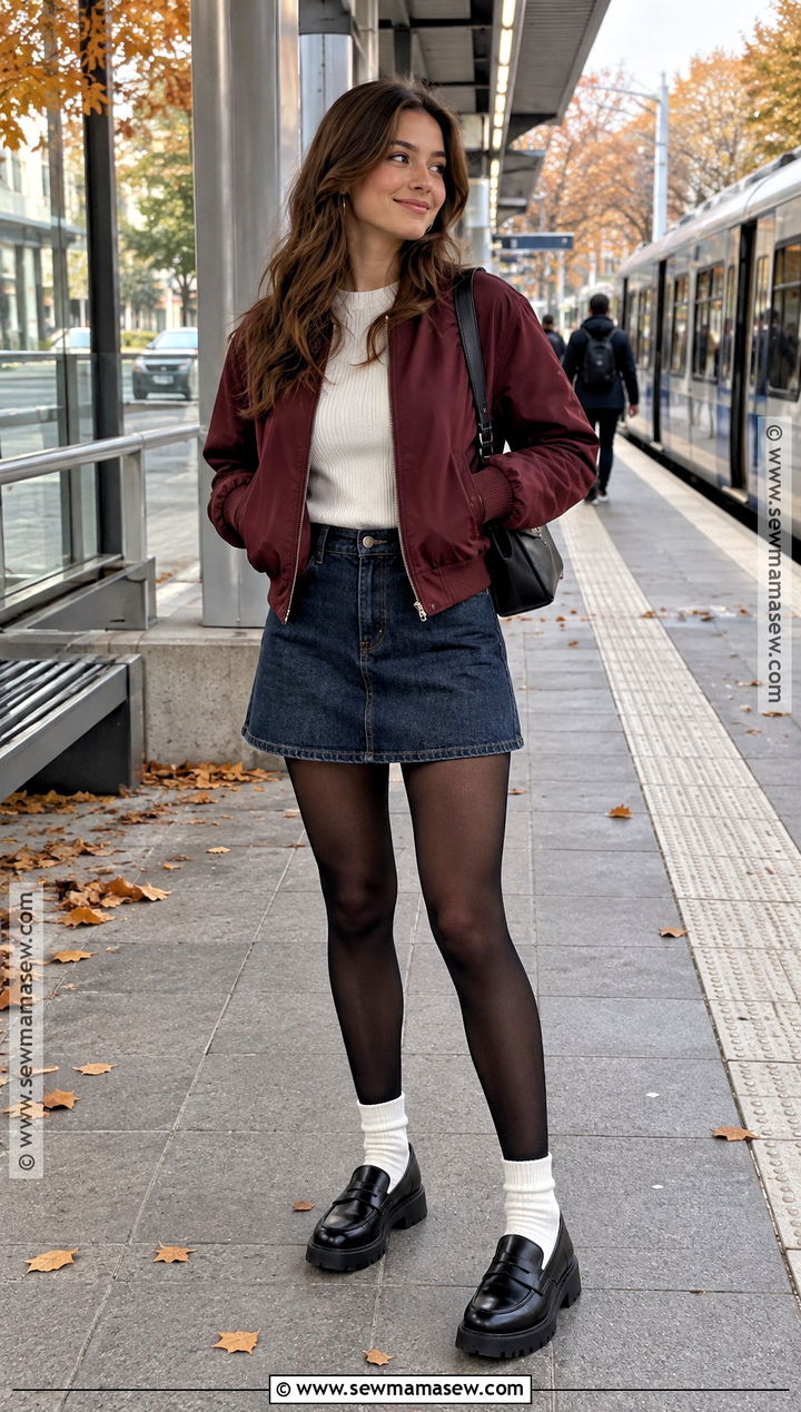 Bomber Jacket Jean Mini Skirt And Loafers - 25 jean skirt fall outfits