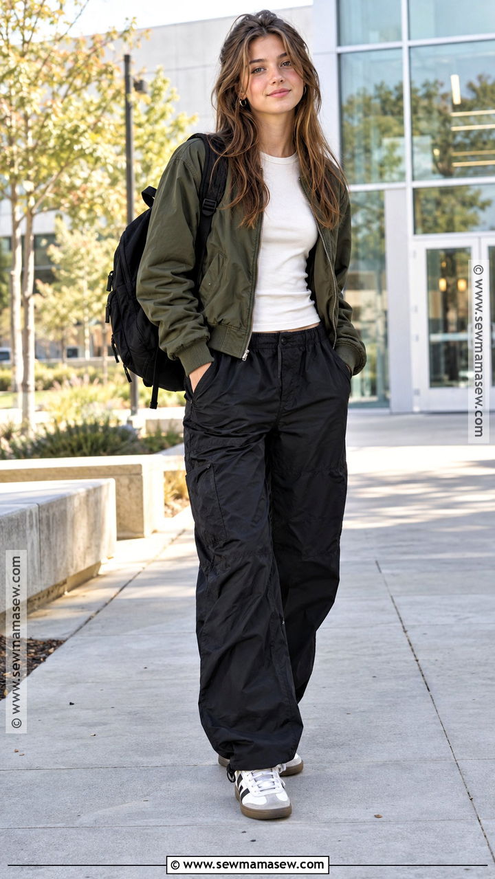 Bomber Jacket Parachute Pants And Sneakers Outfit - 20 back to school outfits junior year