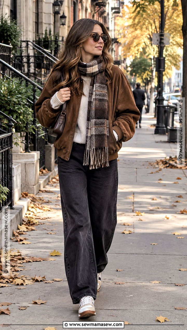 Bomber Jacket Scarf Wide Leg Jeans and Sneakers - 20 cold fall day outfit ideas