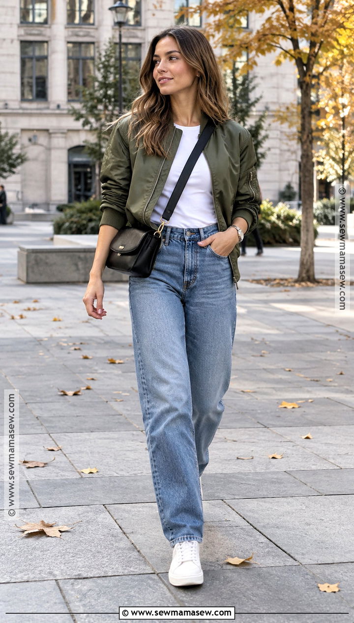 Bomber Jacket Tee Jeans and Sneakers Fall Outfit - 25 simple fall outfits casual