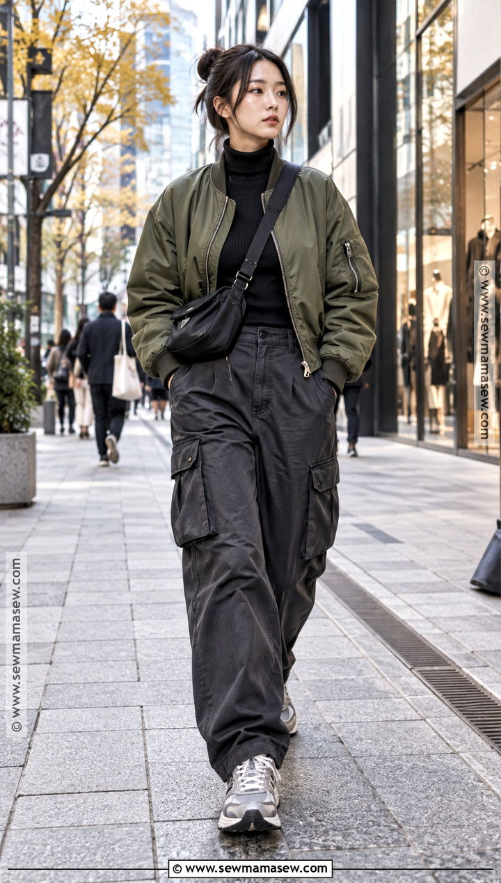Bomber Jacket Turtleneck Cargo Pants And Sneakers - 20 Japan Outfit Fall Season Ideas